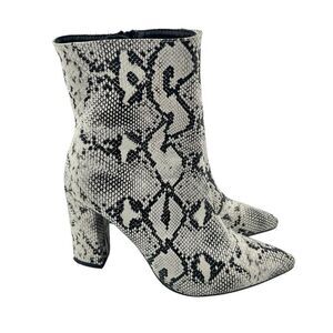 Women’s Black White Snakeprint Embossed Faux Leather Block Heel Ankle Boots 8.5